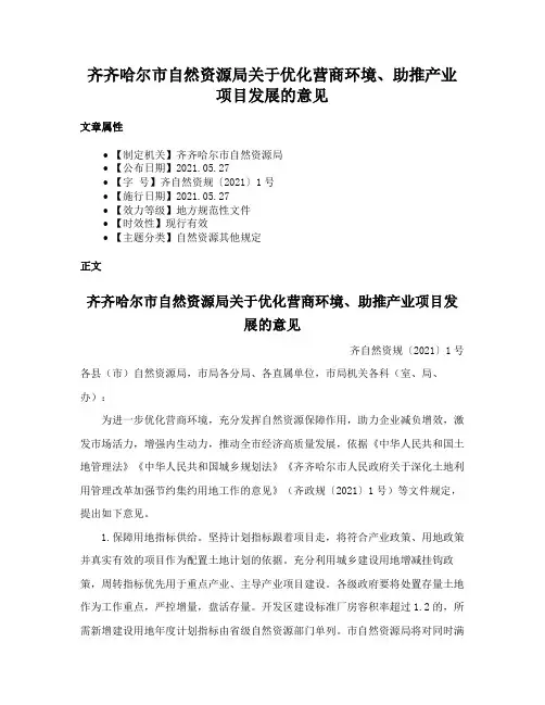 齐齐哈尔市自然资源局关于优化营商环境、助推产业项目发展的意见