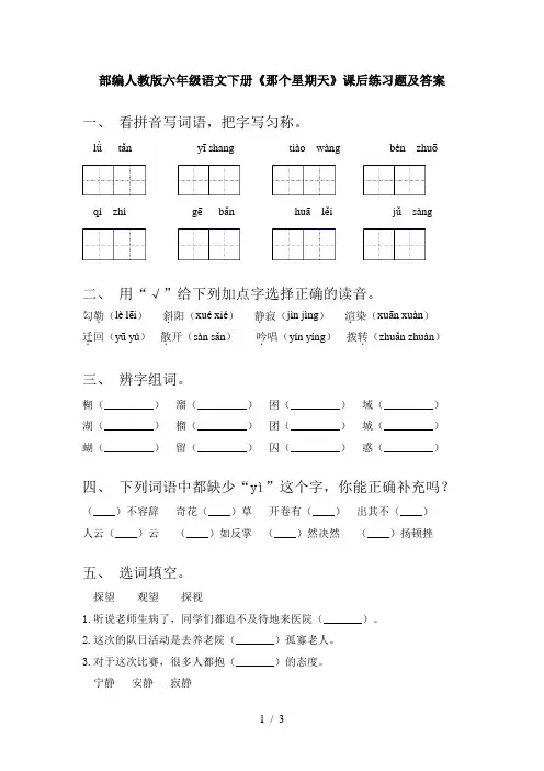 部编人教版六年级语文下册《那个星期天》课后练习题及答案