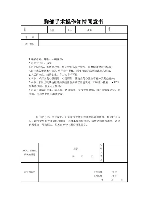 胸部手术操作知情同意书