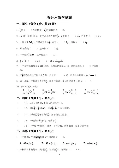 人教版数学五升六试题(带答案)