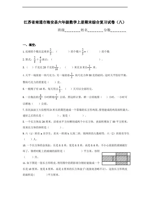 江苏省南通市海安县六年级数学上册期末综合复习试卷(八)