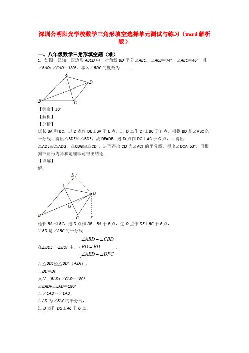 深圳公明阳光学校数学三角形填空选择单元测试与练习(word解析版)