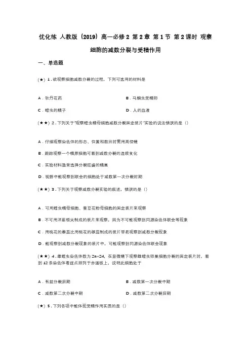 优化练 人教版(2019)高一必修2 第2章 第1节 第2课时 观察细胞的减数分裂与受精作用(word无答案)