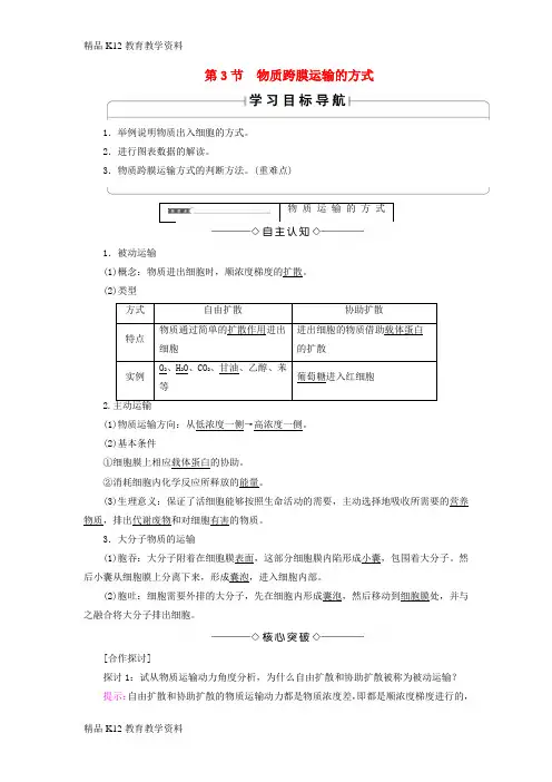 【配套K12】[学习]2018版高中生物 第四章 细胞的物质输入和输出 第3节 物质跨膜运输的方式学