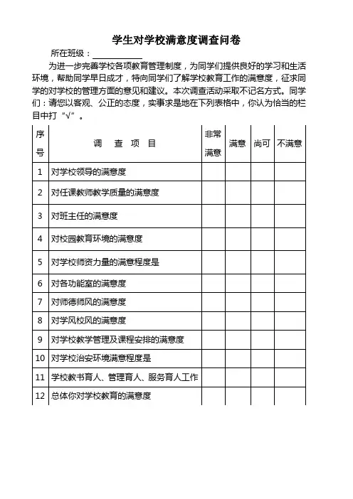 小学学生对学校教育满意度调查表
