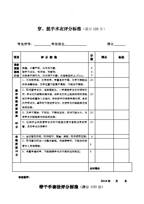 穿脱手术衣、戴手套操作评分标准