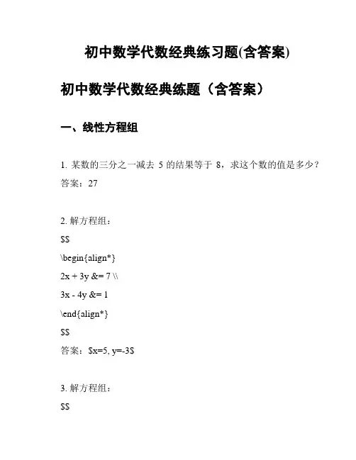 初中数学代数经典练习题(含答案)