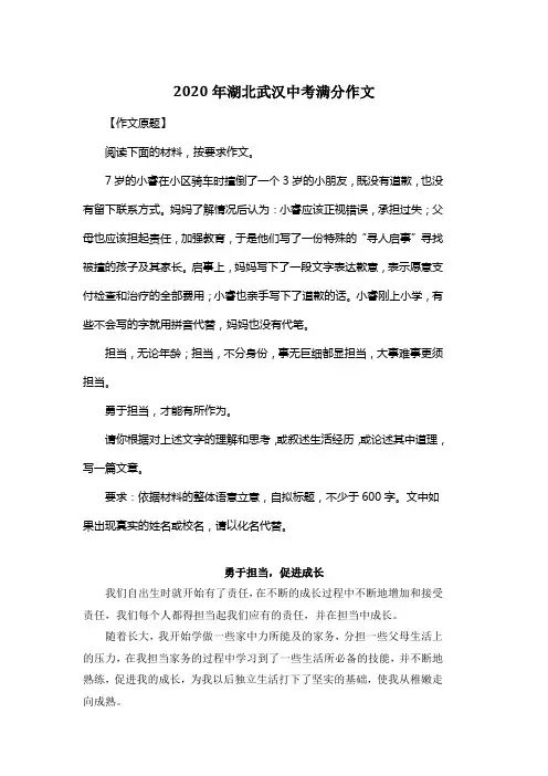 2020年湖北武汉中考满分作文《勇于担当,促进成长》