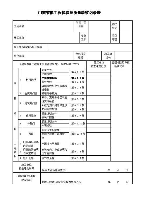 门窗节能工程检验批质量验收记录表