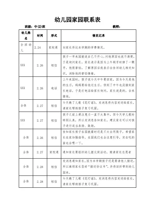 幼儿园家园联系表