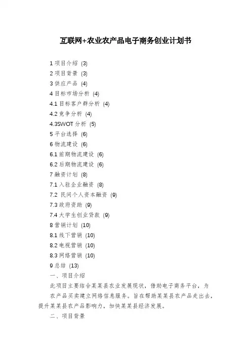 互联网+农业农产品电子商务创业计划书