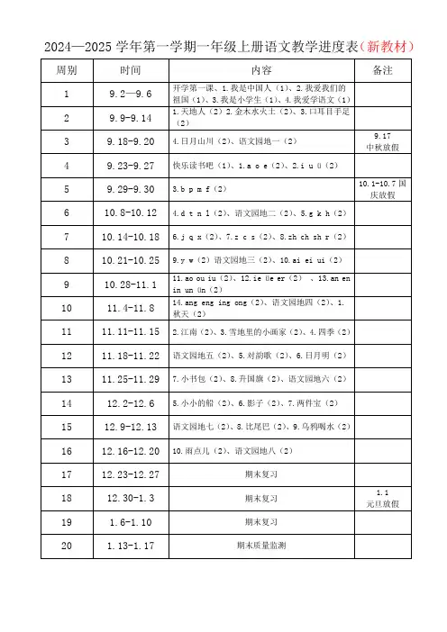 一年级语文上册教学进度表
