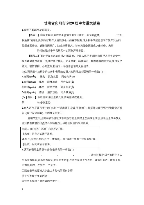 甘肃省庆阳市2020年中考语文试卷和参考答案详细解析完整版