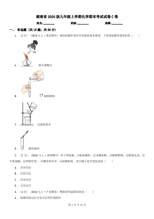 湖南省2020版九年级上学期化学期末考试试卷C卷(练习)