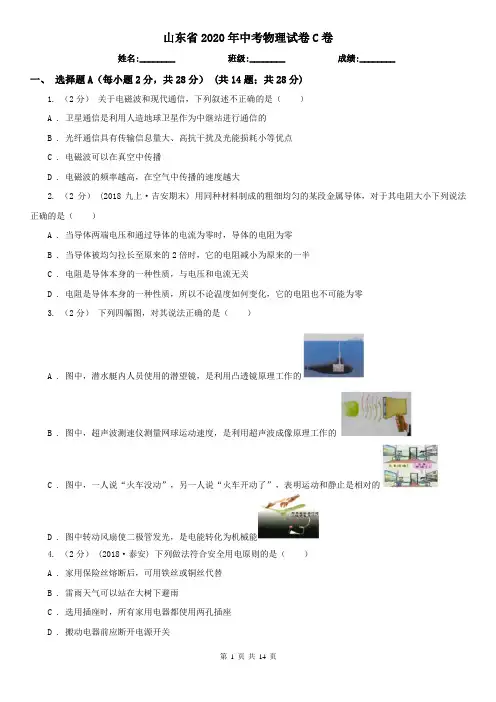 山东省2020年中考物理试卷C卷(模拟)