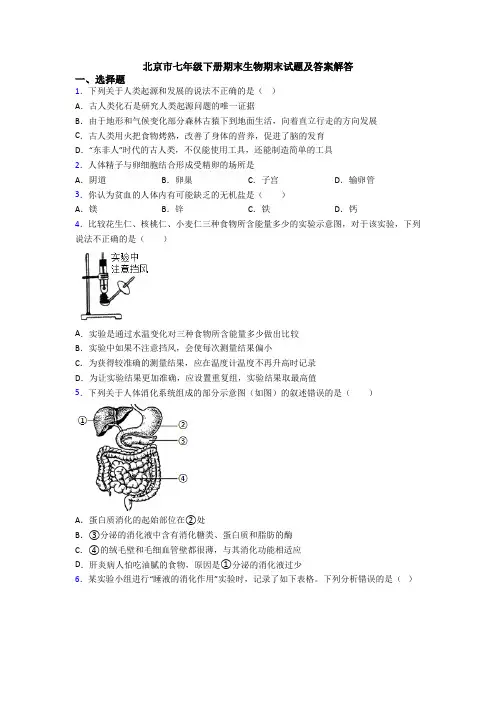 北京市七年级下册期末生物期末试题及答案解答