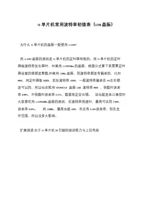 51单片机常用波特率初值表(12M晶振)