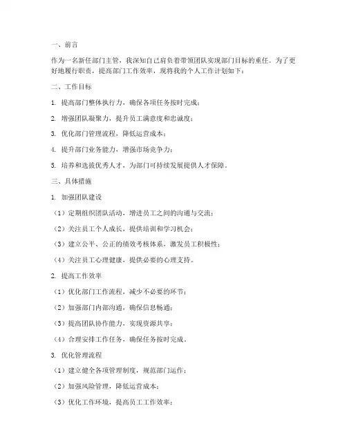 新任部门主管个人工作计划