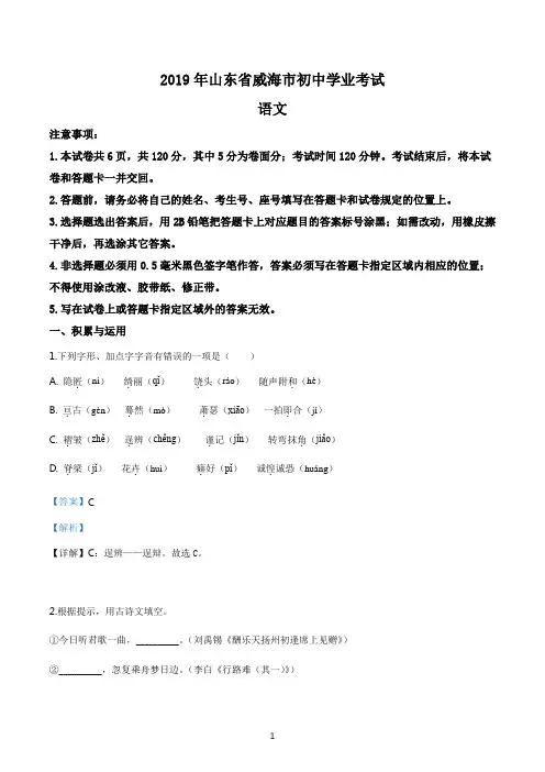 《中考真题》山东省威海市2019年中考语文试题(解析)