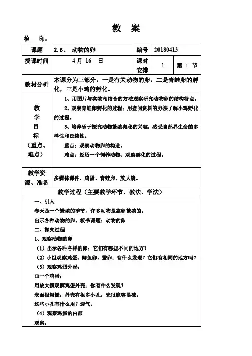 四年级下册科学教案《动物的卵》教科版
