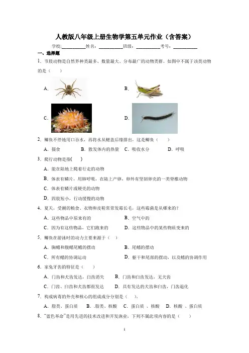 人教版八年级上册生物学第五单元作业(含答案)