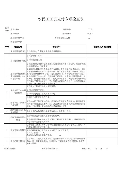农民工工资支付专项检查表