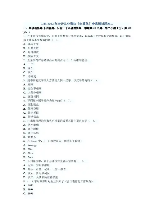 山东2013年会计从业资格《电算化》全真模拟题库二