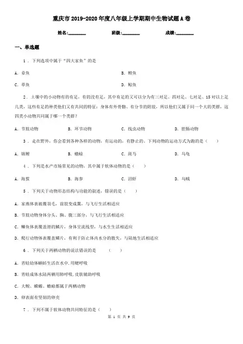 重庆市2019-2020年度八年级上学期期中生物试题A卷