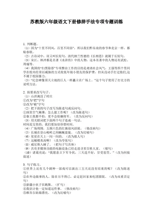 苏教版六年级语文下册修辞手法专项专题训练