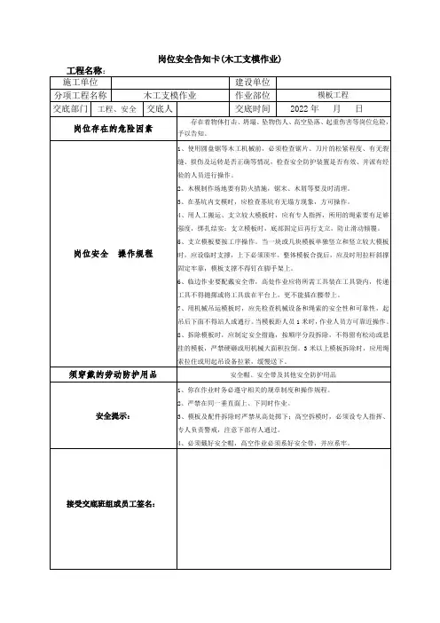 岗位安全告知卡(木工支模作业)