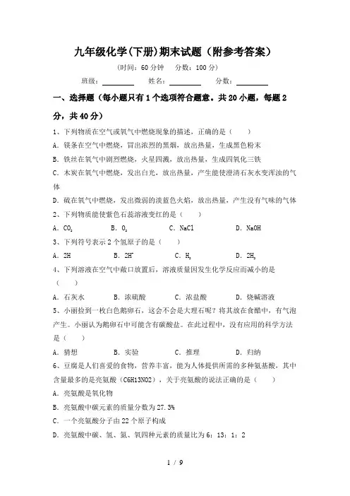 九年级化学(下册)期末试题(附参考答案)
