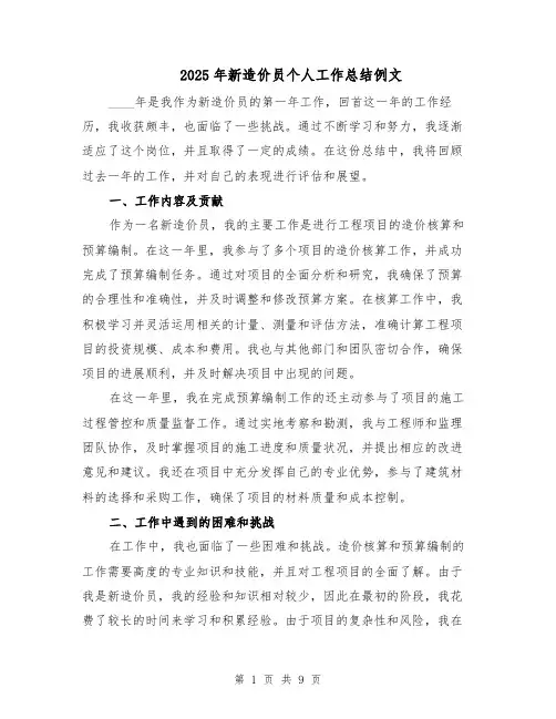 2025年新造价员个人工作总结例文（五篇）