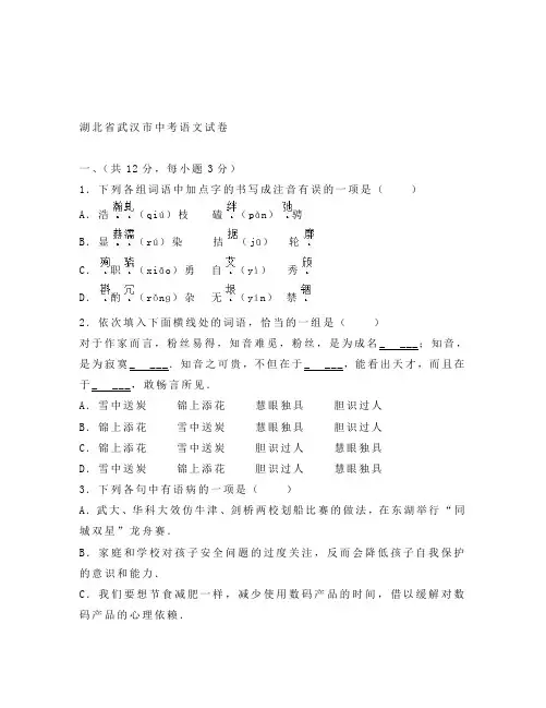 武汉市中考语文试题解析版