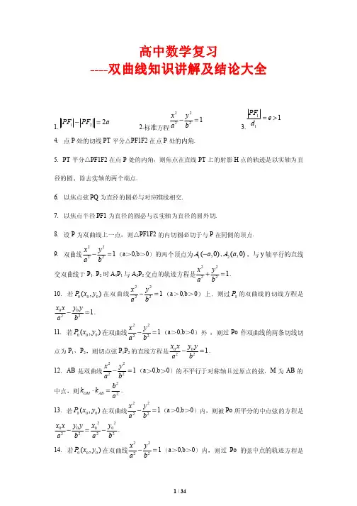高中数学复习----双曲线知识讲解及结论大全