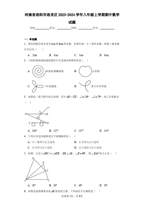 河南省洛阳市洛龙区2023-2024学年八年级上学期期中数学试题