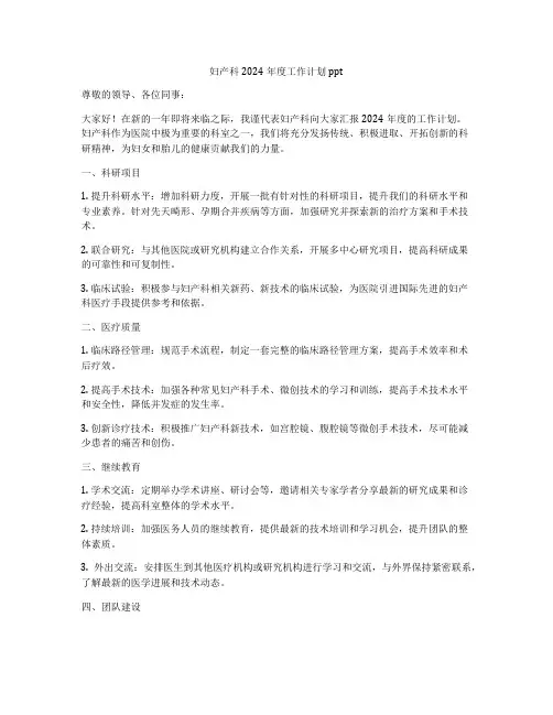妇产科2024年度工作计划ppt