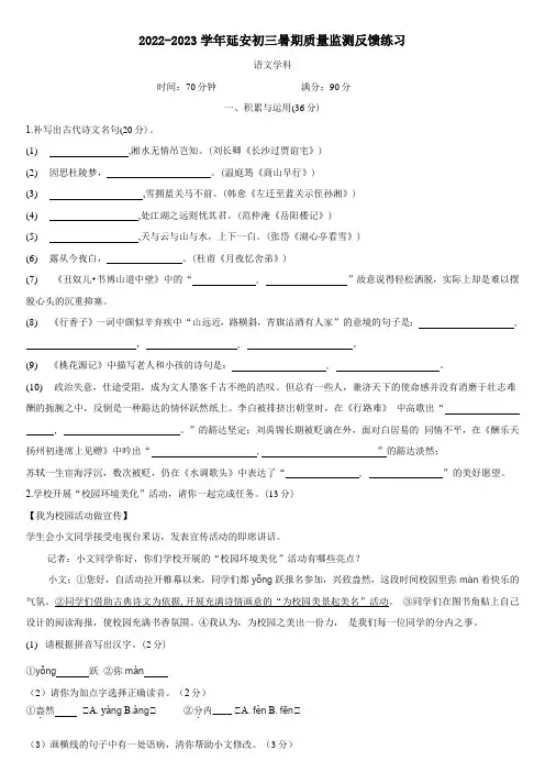 福建省福州延安中学2022-2023学年九年级上学期暑期质量监测反馈练习语文试题(含答案)