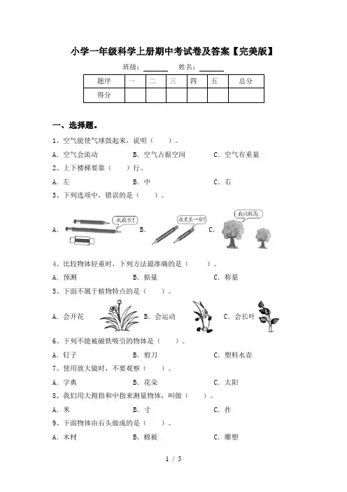小学一年级科学上册期中考试卷及答案【完美版】