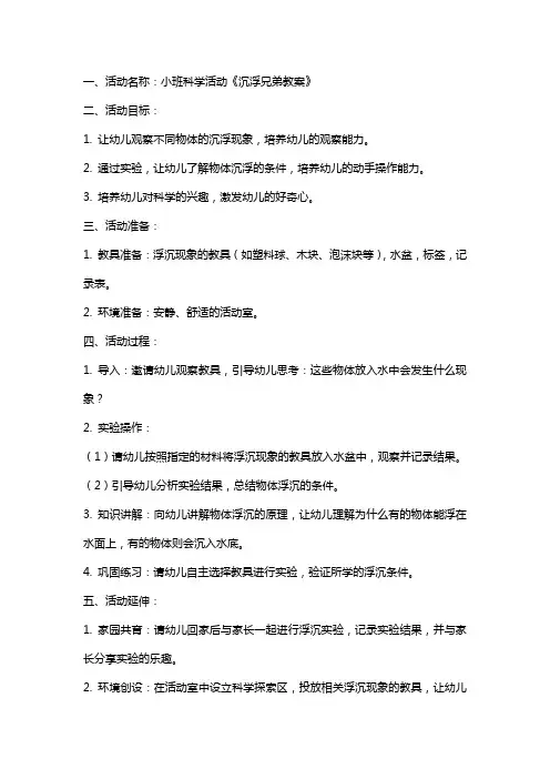 小班科学活动沉浮兄弟教案