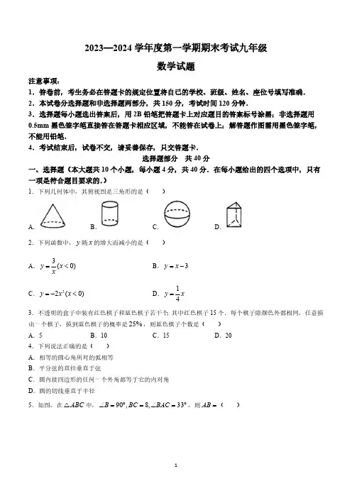 山东省济南市莱芜区2023-2024学年九年级上学期期末数学试题(含答案)
