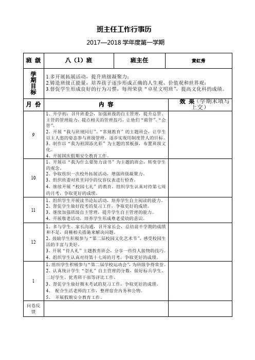 学年八年级第一学期班主任工作行事历