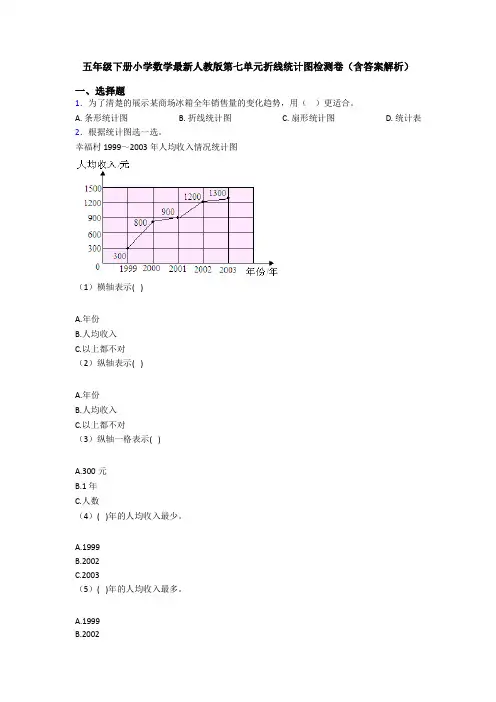 五年级下册小学数学最新人教版第七单元折线统计图检测卷(含答案解析)