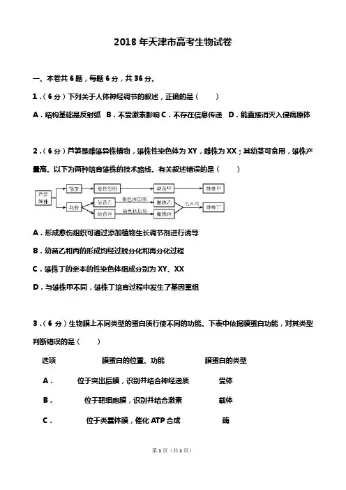 2018年天津市高考生物试卷以及答案(word解析版)