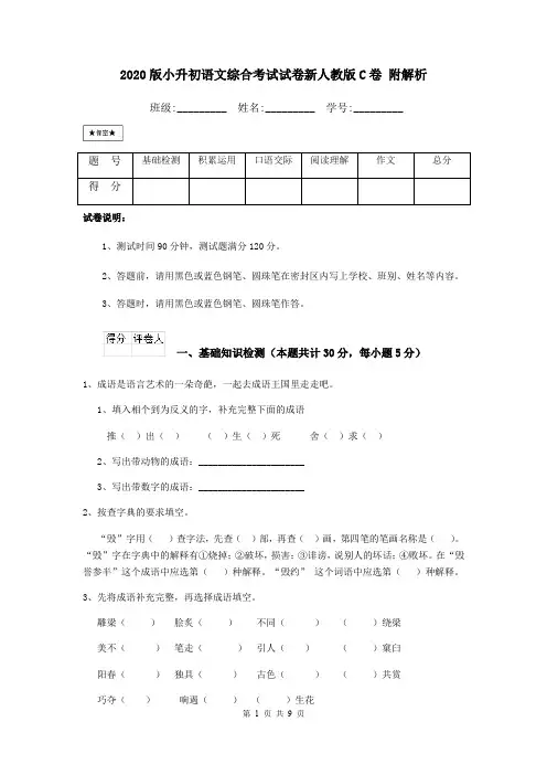 2020版小升初语文综合考试试卷新人教版C卷 附解析