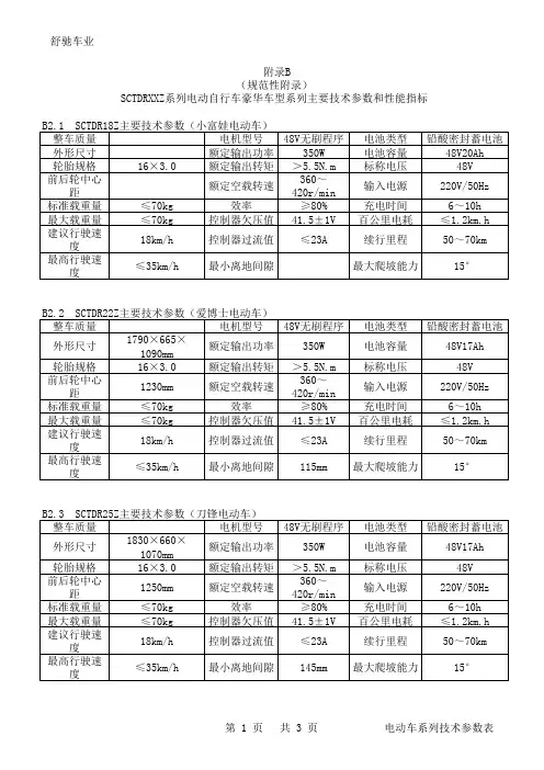 电动自行车技术参数