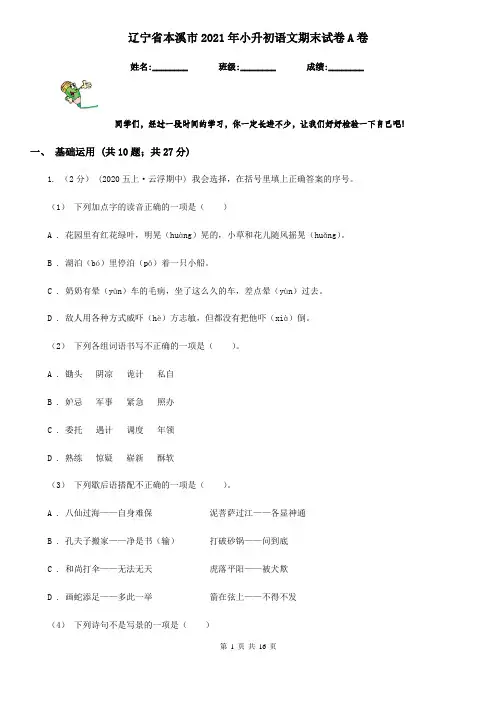 辽宁省本溪市2021年小升初语文期末试卷A卷(新版)