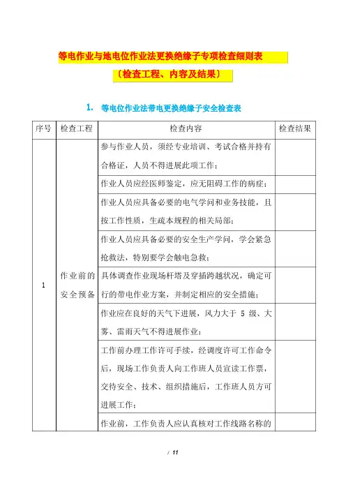 等电位作业与地电位作业法更换绝缘子专项检查细则表(检查项目、内容及结果)