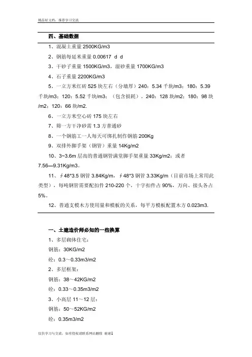 最新多层住宅框架结构每平方米用量