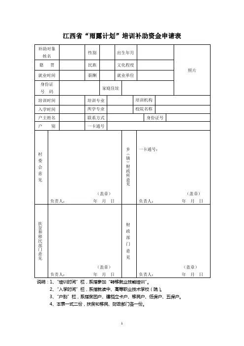 江西省“雨露计划”培训补助资金申请表