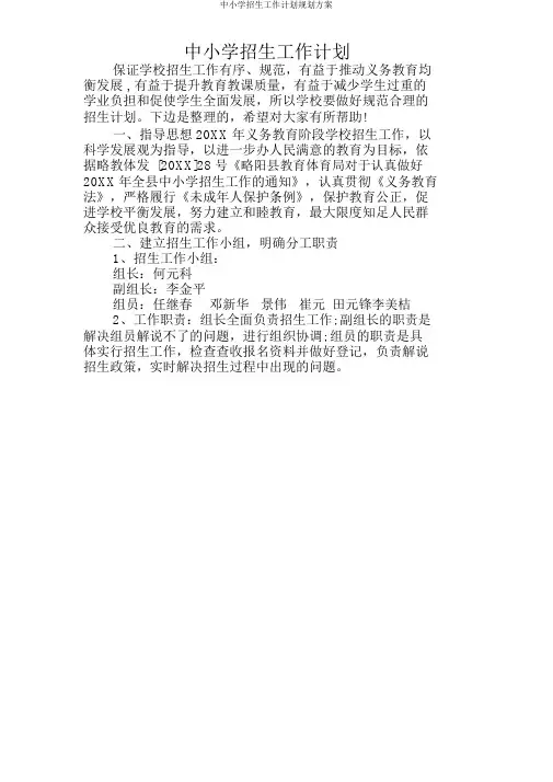 中小学招生工作计划规划方案